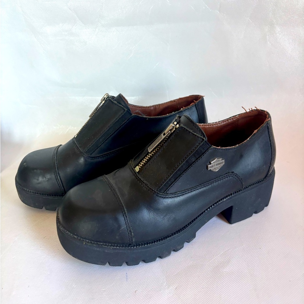 Y2K 90s Harley Davidson Black Leather Platform Oxford Ankle Boots - Sz 8.5